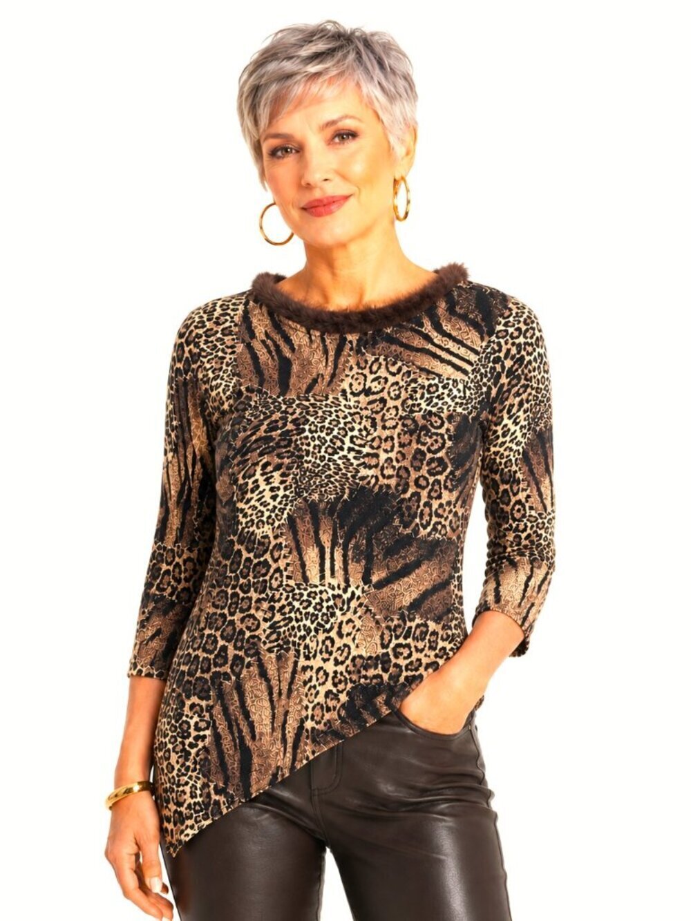 Ça Me Plaît Paris Brown Animal Print Asymmetrical Hem Fur Trim Sweater